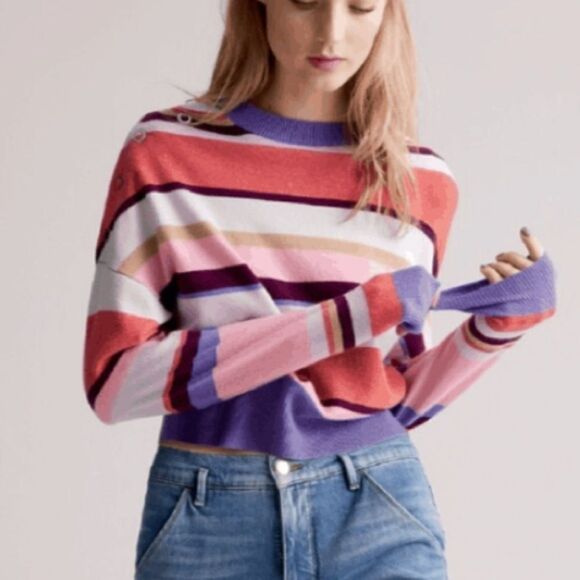 Lewit Cashmere Striped Cropped Sweater Pink Purple - Picture 2 of 11